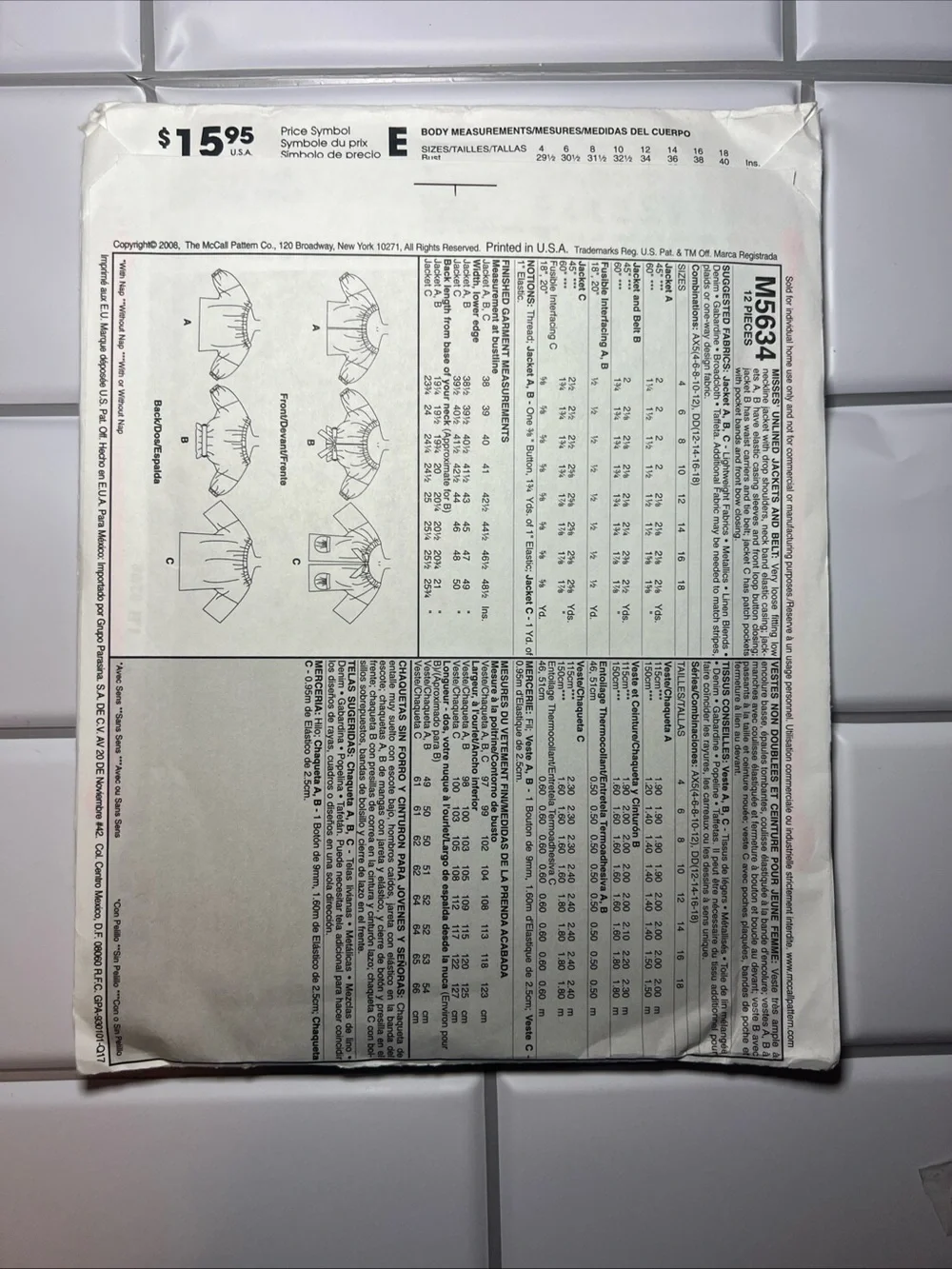 McCall’s M5634 Sewing Pattern Size AX5 Opened Complete